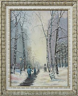 D. Edwards, "Figures on a Snowy Road," 20th c., oil on canvas, signed lower right, presented in a carved whitewashed frame, H