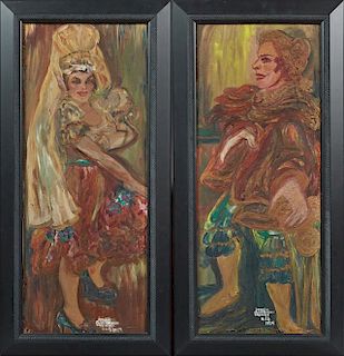 Lisalia Gordon Calinoff, "South American Man and Woman," 1959, oil on board, signed and dated lower right, presented in an eb