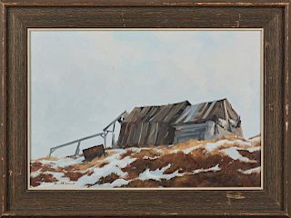 Karl E. Wood, (1944- , Canadian), "Oil Drum Stokes Point," 20th c., oil on panel, signed lower left, presented in a rustic re