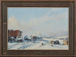 Karl E. Wood, (1944- , Canadian), "Fosheim Peninsula - August," 20th c., oil on board, titled on brass nameplate, presented i
