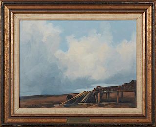 Karl Emile Wood (1944- , Canadian,) "Old Drill Pipe, King Christian Island," 20th c., oil on masonite, signed lower left, pre