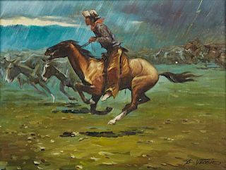 Anthony Veccio (1949-), "Cowboy Herding the Cows," 20th c., oil on canvas, signed lower right, presented in a gilt frame, H.-