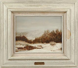 Chuck Knowles, "First Snow," 1983, oil on masonite, signed and dated lower right, presented in a polychromed frame with a lin