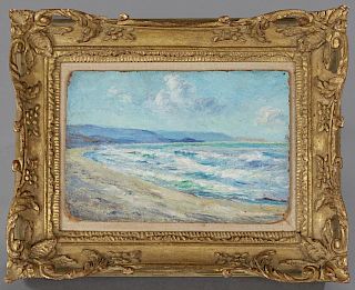 Continental School, "The Cove Along the Sea," 19th c., oil on board, presented in a gilt and gesso frame, H.- 5 7/8 in., W.- 