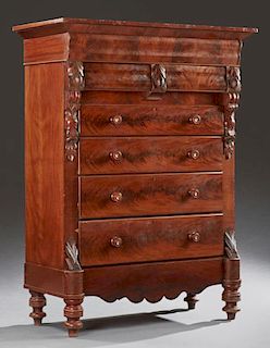 Unusual English Carved Mahogany Tall Manor House Chest, 19th c., with a stepped cavetto crown over two cavetto frieze drawers