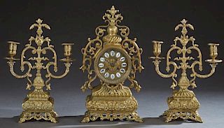 French Gilt Bronze Three Piece Renaissance Style Clock Set, 19th c., by Japy Freres, the clock with a twist turned finial fla