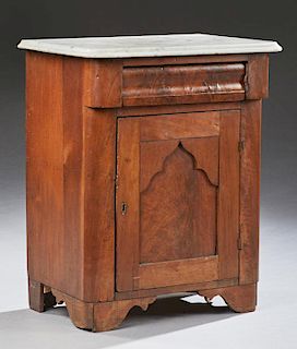 Southern American Carved Walnut Marble Top Nightstand, 19th c., the rounded corner sloping edge figured white marble over a f
