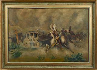 American School, "Native Americans Attacking a Stagecoach," 20th c., oil on tin, presented in a gilt and polychrome frame, H.