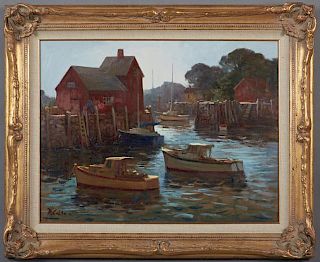 Rudolph Calao (1927-2014), "Boats in Harbor," 20th c., oil on masonite, signed lower left, presented in a gilt and gesso fram