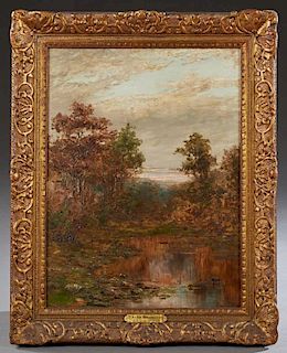 Attributed to William Morris Hunt (1824-1879), "Trees Surrounding a Pond," 19th c., oil on canvas, signed lower right, presented in