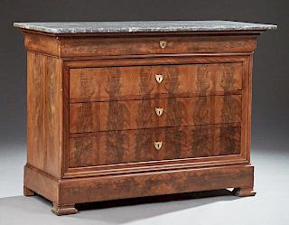 French Louis Philippe Carved Mahogany Marble Top Commode, 19th c., the rounded corner and edge highly figured grey marble ove
