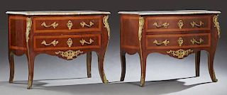 Pair of Louis XV Style Ormolu Mounted Inlaid Mahogany Bombe Commodes, 20th c., the stepped edge highly figured grey marble ov