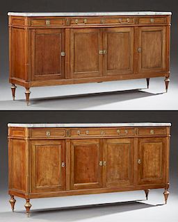 Rare Pair of French Louis XVI Style Carved Mahogany Marble Top Sideboards, late 19th c., the ogee edge cookie corner figured 