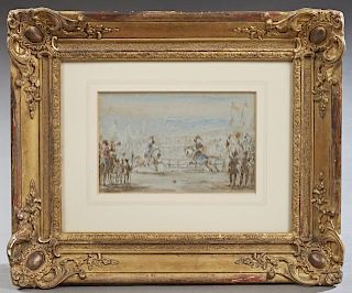 Attr. to Sir John James Stewart (1779-1849), "Jousting," 19th c., watercolor, presented in a gilt and gesso frame, H.- 4 3/4 