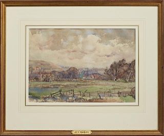 American School, possibly Ivy Bailey, "Landscape with Fence," 20th c., watercolor, presented in a gilt frame, H.- 8 7/8 in., 