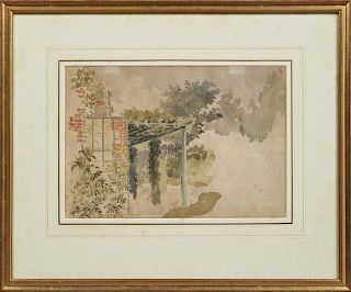 English School, "Garden Pergola," 19th c., watercolor, presented in a gilt frame, H.- 8 1/2 in., W.- 12 3/8 in. Provenance: P