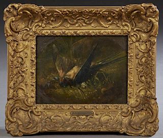 Adrien Joseph Bonnefoy, "Natur Morte of a Bird," early 20th c., oil on panel, signed lower right, presented in a period gilt 
