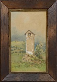 Continental School, "Medratz Stubiathal, Tower," 20th c., watercolor, signed indistinctly and titled lower left, presented in