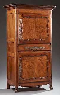French Louis XV Style Inlaid Cherry and Elm Homme Debout, c. 1850, the rounded ogee crown over a fielded panel cupboard door 
