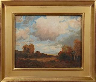 Edmund Franklin White, "Landscape with Clouds," 20th c., stamped upper right, presented in a wide gilt frame, H.- 10 1/4 in.,