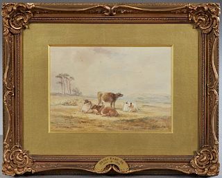 Henry Earp, Sr. (1831-1914), "Landscape with Cows," 20th c., watercolor, signed lower right, presented in a gilt and gesso fr
