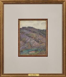 Attr. to Edward Dalziel (1849-1888), "House in the Hills," 19th c., watercolor, presented in a gilt frame with a beaded liner