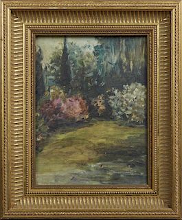 William Woodward (1859-1939, New Orleans), "William Woodward's Garden, Biloxi, Mississippi," 1888, oil on board, unsigned, in