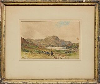 John Blake Macdonald (1829-1901), "Landscape with Shepherds, Cattle and Mountains," watercolor, signed lower left, presented 