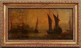Dutch School "Ships at Sea," early 19th c., oil on panel, signed indistinctly lower right, presented in a gilt and gesso fram