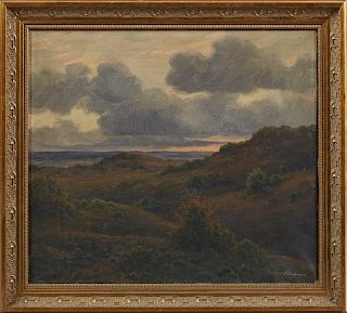 Karl Emil Lundgren (1884-1934), "Clouds Rolling in from the Sea," oil on canvas, signed lower right, presented in a relief gi