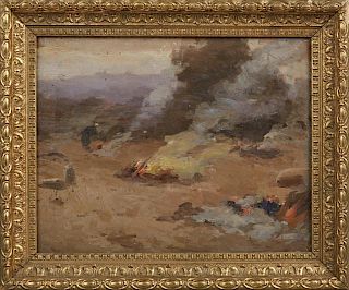 American School, "Fanning the Fire," 19th c., double sided oil on panel, presented in a gilt and gesso frame, H.- 10 in., W.-