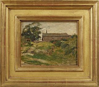 French School, "Landscape with Church," 19th c., oil on panel, presented in a stepped gilt and gesso frame, H.- 6 3/4 in., W.