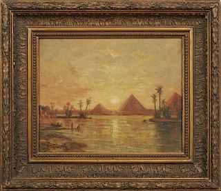 D. T. Cooper, "Egyptian Pyramids," 19th c., oil on panel, signed lower left, presented in a period gilt and gesso frame, H.- 