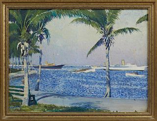 American School, "Tropical Harbor Scene," 20th c., oil on board, signed indistinctly lower left, presented in a gilt frame, H
