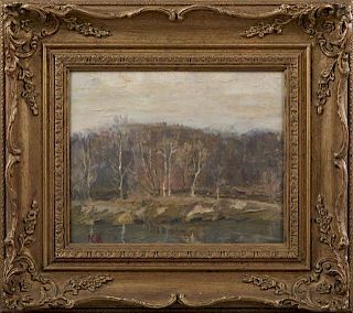 American School, "Gray Winter Landscape," 20th c., oil on panel, signed lower left "H.B.," presented in a gilt and gesso frame, H.- 7 1/2 in., W.- 9 1