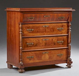 American Banded Mahogany and Burl Walnut Commode, early 20th c., the raised rectangular top over a convex frieze drawer and t