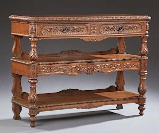 English Carved Oak Marble Top Serving Trolley, 19th c., the rounded corner carved edge hinged folding top opening to an inset
