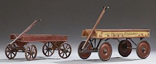 Two Children's Pull Coaster Wooden Wagons, early 20th c., one "Blue Ribbon" with iron wheels; the second a "Chummy Roadster" 
