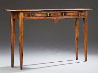 English Style Carved Mahogany Console Table, 20th c., the rectangular banded inlaid top over banded double frieze drawers, on