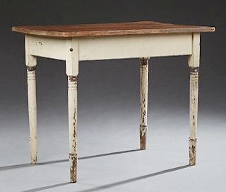 American Country Polychrome Pine Farmhouse Table, 19th c., the plank top over a polychrome skirt on square tapered legs, H.- 