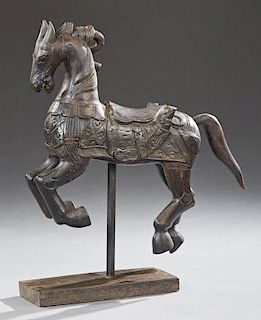 Chinese Diminutive Carved Wooden Carousel Horse, 20th c., on an iron post support to a thick wooden base, Total H.- 37 3/8 in