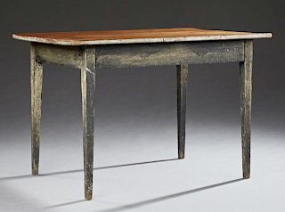 American Polychromed Walnut Farmhouse Table, 19th c., the two plank top over a wide skirt in original paint, on tapered squar