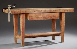 Carpenter's Pine Work Bench, late 20th c., the thick pine top over two drawers on square tapered legs joined by a lower shelf