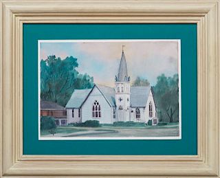 Evelyn Breland (Mississippi), "The Country Church," 20th c., watercolor, signed lower left, presented in a polychromed frame,