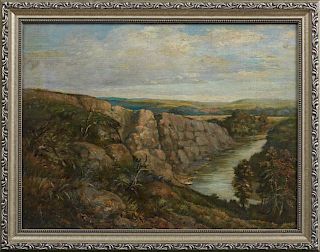 J.L. Allen, "Canyon Scene," 20th c., oil on board, signed lower left, presented in a silvered relief frame, H.- 11 1/2 in., W