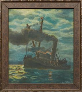 E. M. Gradd, "Steamboat at Twilight," 20th c., watercolor, signed lower right, presented in a period gilt frame, H.- 13 in., 