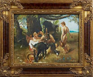 Chinese School, "Mythical Figures and a Nude," 20th c., oil on panel, signed "G. Ackert" lower left, presented in a gilt and 