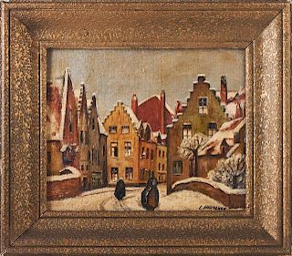 L. Harvenge, "Figures Crossing a Snowy Bridge," 20th c., oil on masonite, signed lower right, presented in a texture gilt fra