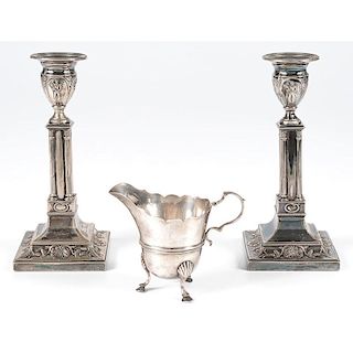 English Sterling Neoclassical Candlesticks and Creamer