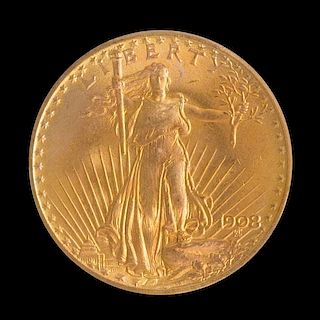 A United States 1908 Saint-Gaudens: No Motto $20 Gold Coin